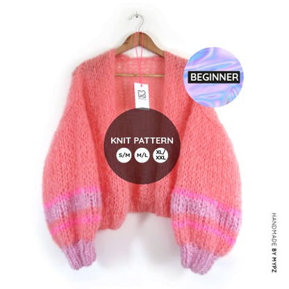MYPZ easy knit pattern short basic chunky cardigan beginner SM-ML-XL-XXL-ENG