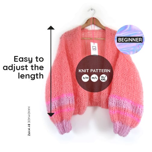 MYPZ easy knit pattern short basic chunky cardigan beginner SM-ML-XL-XXL-ENG