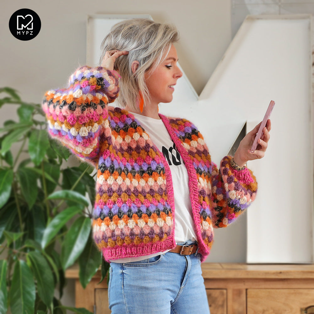 Crochet kit - MYPZ Short Mohair Granny stripes cardigan Rosé (ENG-NL)